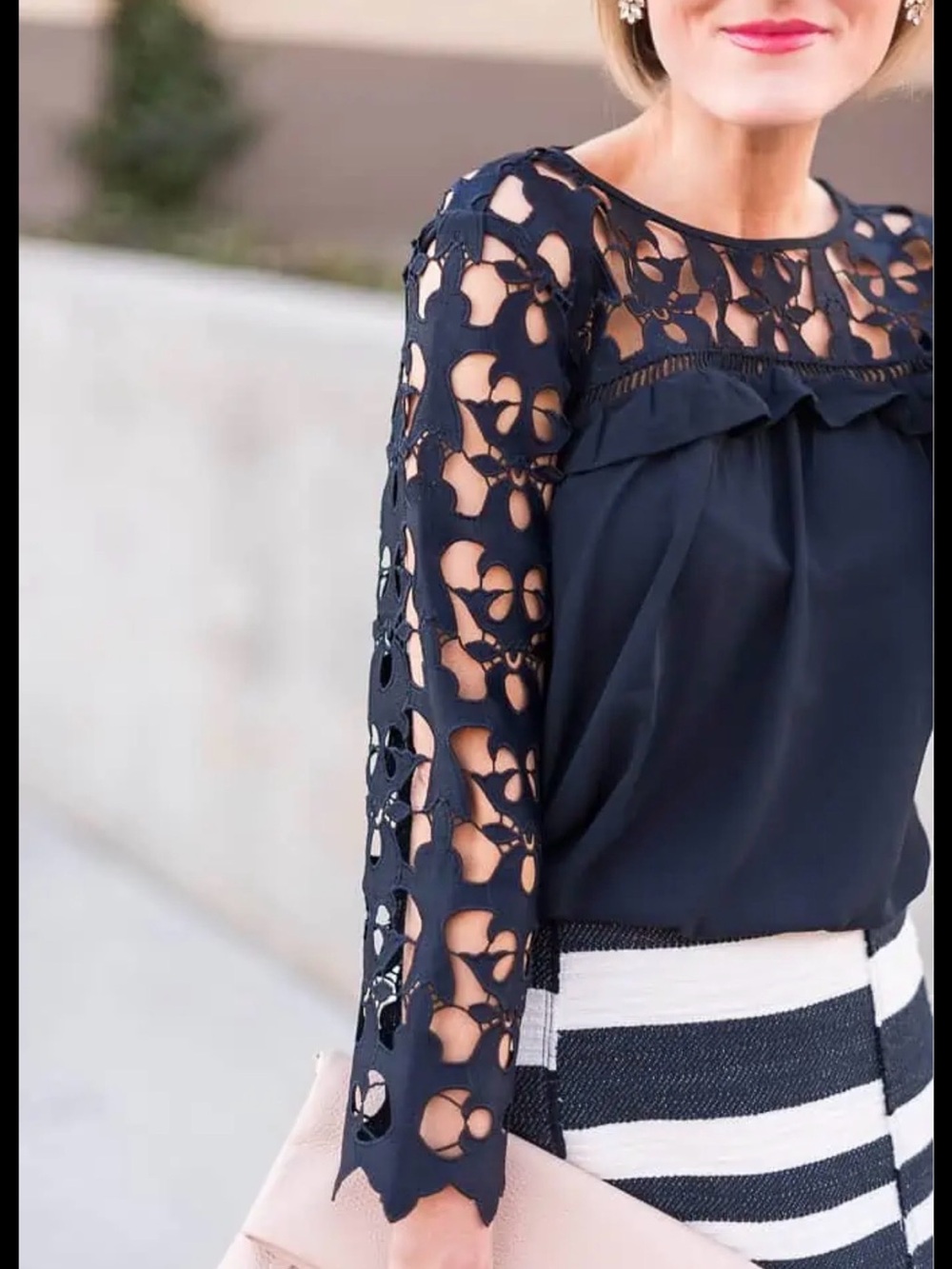 Women's Navy Lace Sleeve Blouse - (LOFT